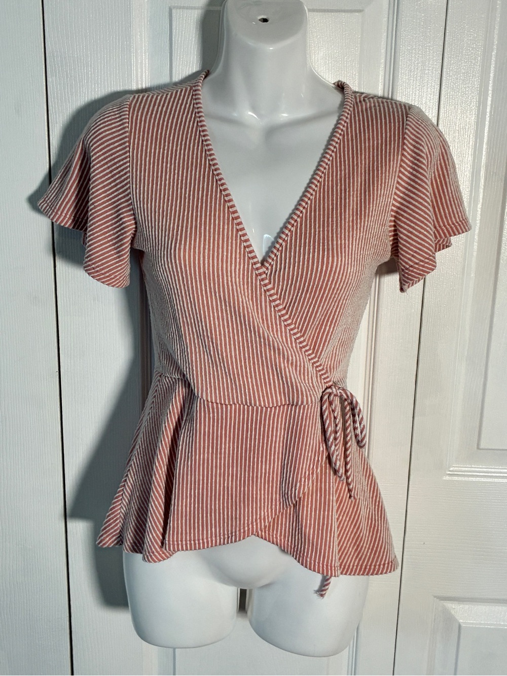 Caution to the Wind Pink Striped Peplum Wrap Top S